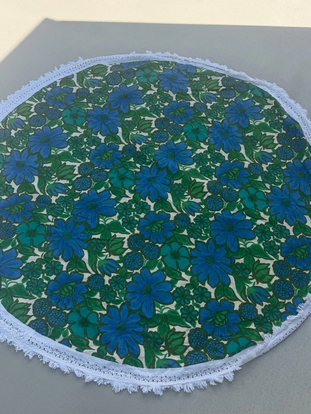 Vintage Retro Blue White Floral Round Tablecloth with Fringe Groovy